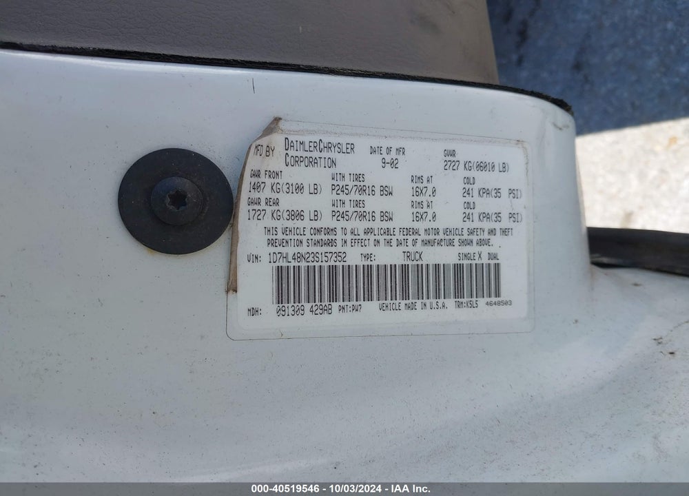 2003 DODGE DAKOTA SLT VIN: 1D7HL48N23S157352