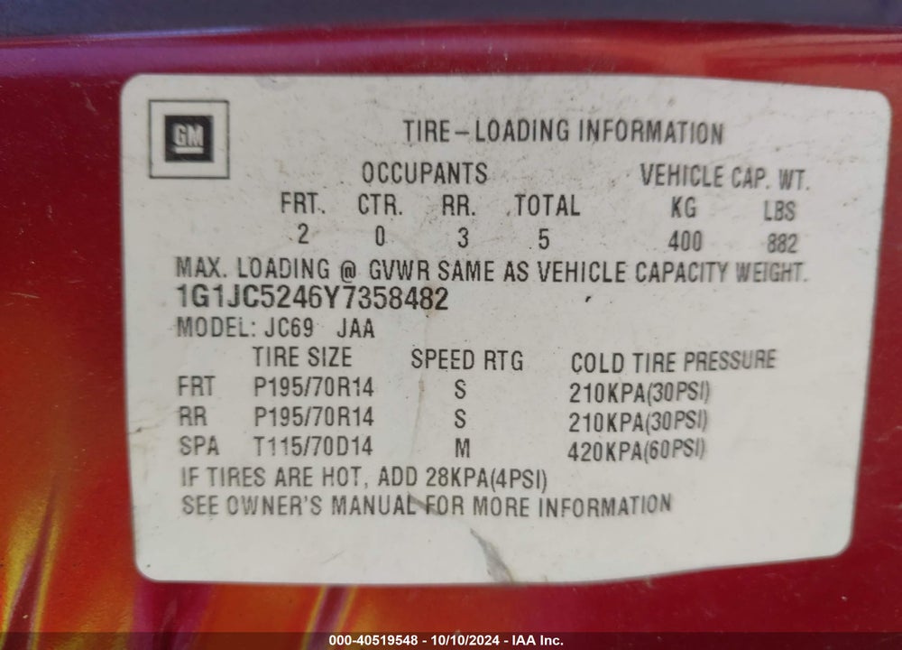 2000 CHEVROLET CAVALIER VIN: 1G1JC5246Y7358482