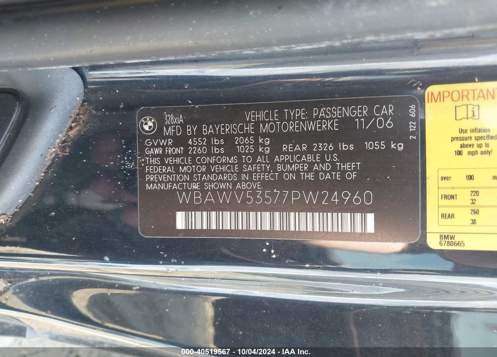 2007 BMW 328XI VIN: WBAWV53577PW24960