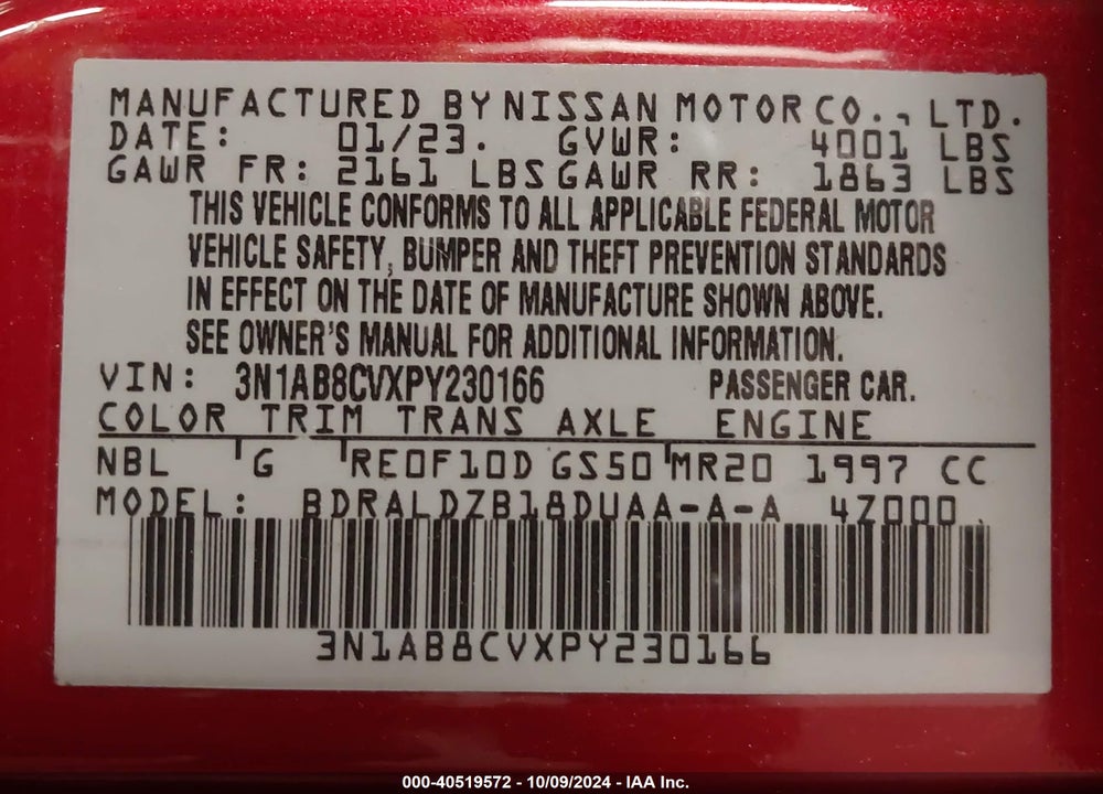 2023 NISSAN SENTRA SV XTRONIC CVT VIN: 3N1AB8CVXPY230166