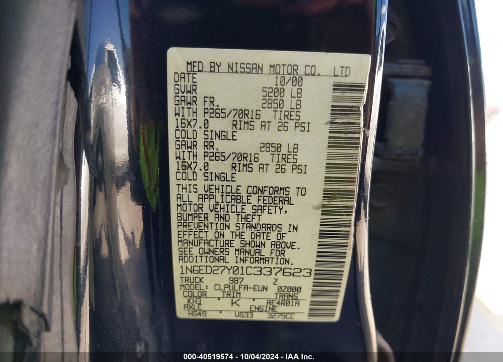 2001 NISSAN FRONTIER SE-V6 VIN: 1N6ED27Y01C337623