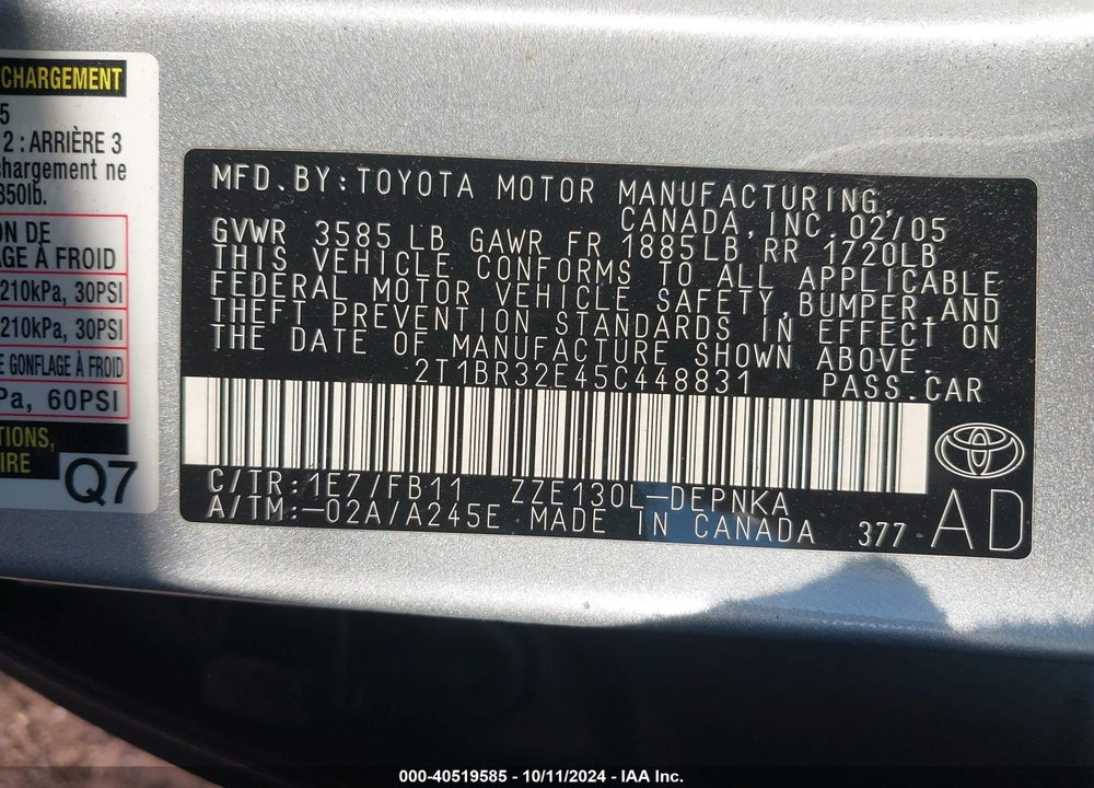 2005 TOYOTA COROLLA LE VIN: 2T1BR32E45C448831