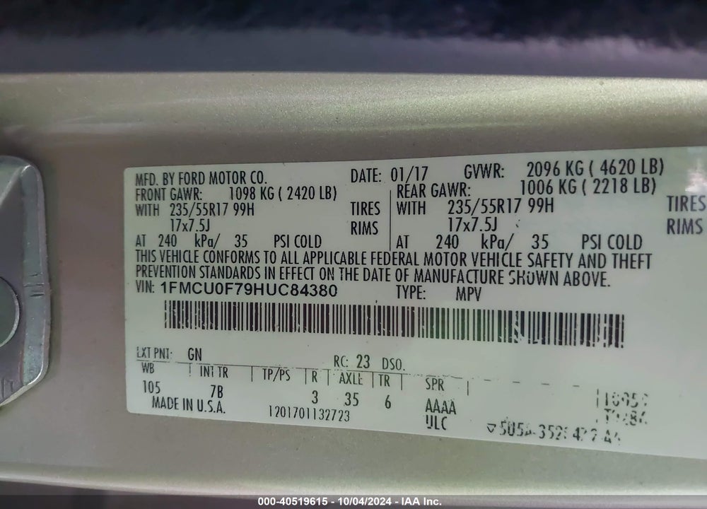 2017 FORD ESCAPE VIN: 1FMCU0F79HUC84380