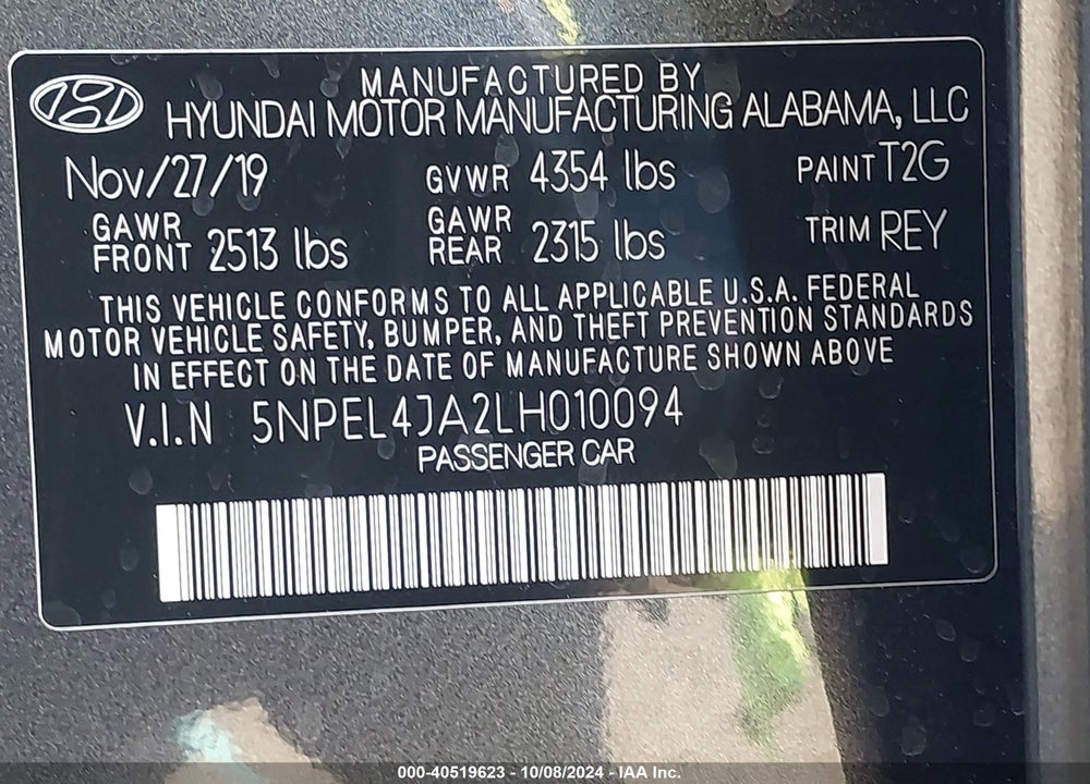 2020 HYUNDAI SONATA SEL VIN: 5NPEL4JA2LH010094