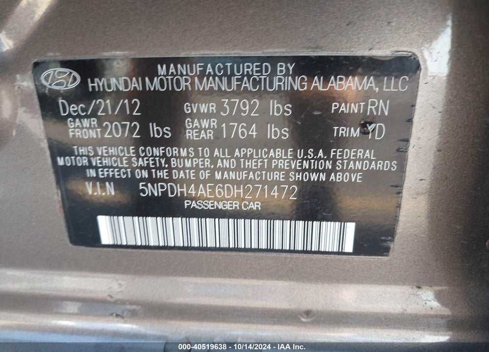 2013 HYUNDAI ELANTRA LIMITED VIN: 5NPDH4AE6DH271472