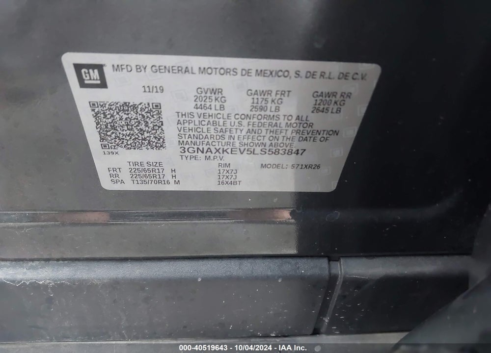 2020 CHEVROLET EQUINOX FWD LT 1.5L TURBO VIN: 3GNAXKEV5LS583847