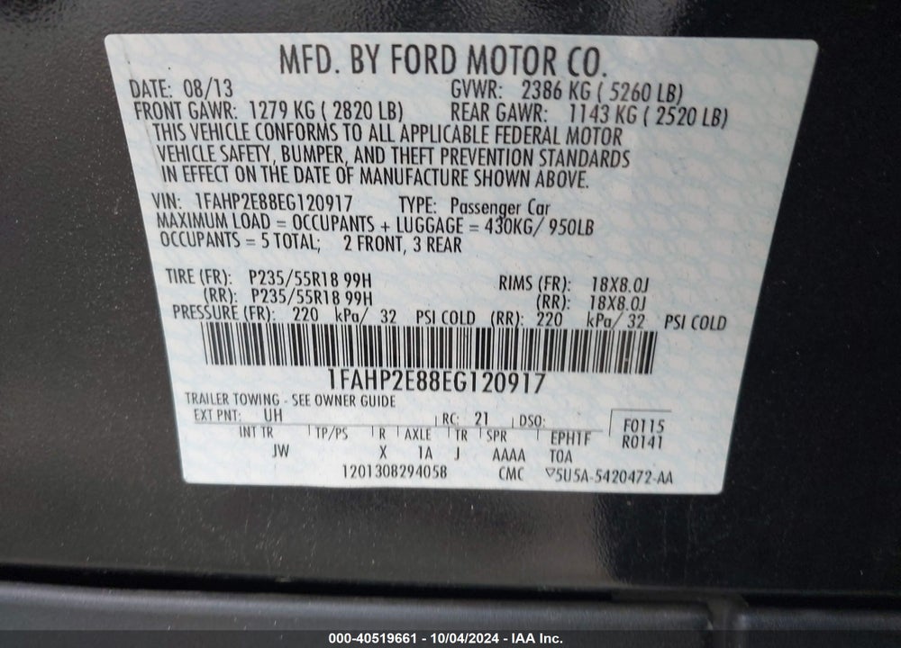 2014 FORD TAURUS SEL VIN: 1FAHP2E88EG120917