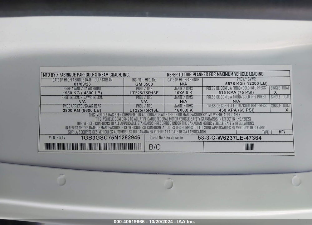 2022 GULFSTREAM CHEVROLET  CONQUEST VIN: 1GB3GSC75N1282946