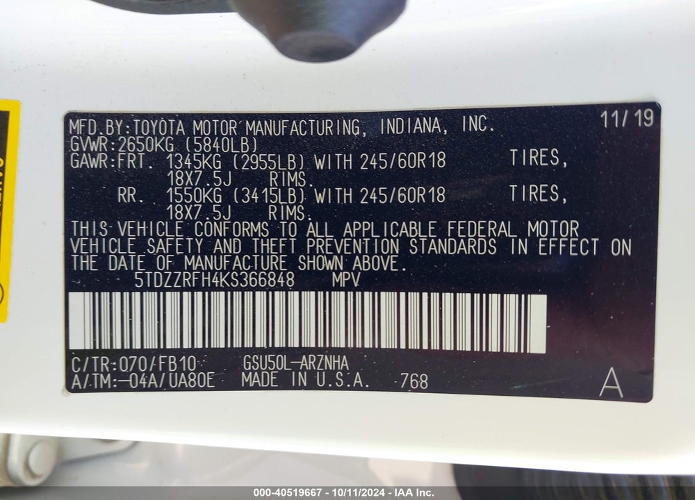 2019 TOYOTA HIGHLANDER LE VIN: 5TDZZRFH4KS366848
