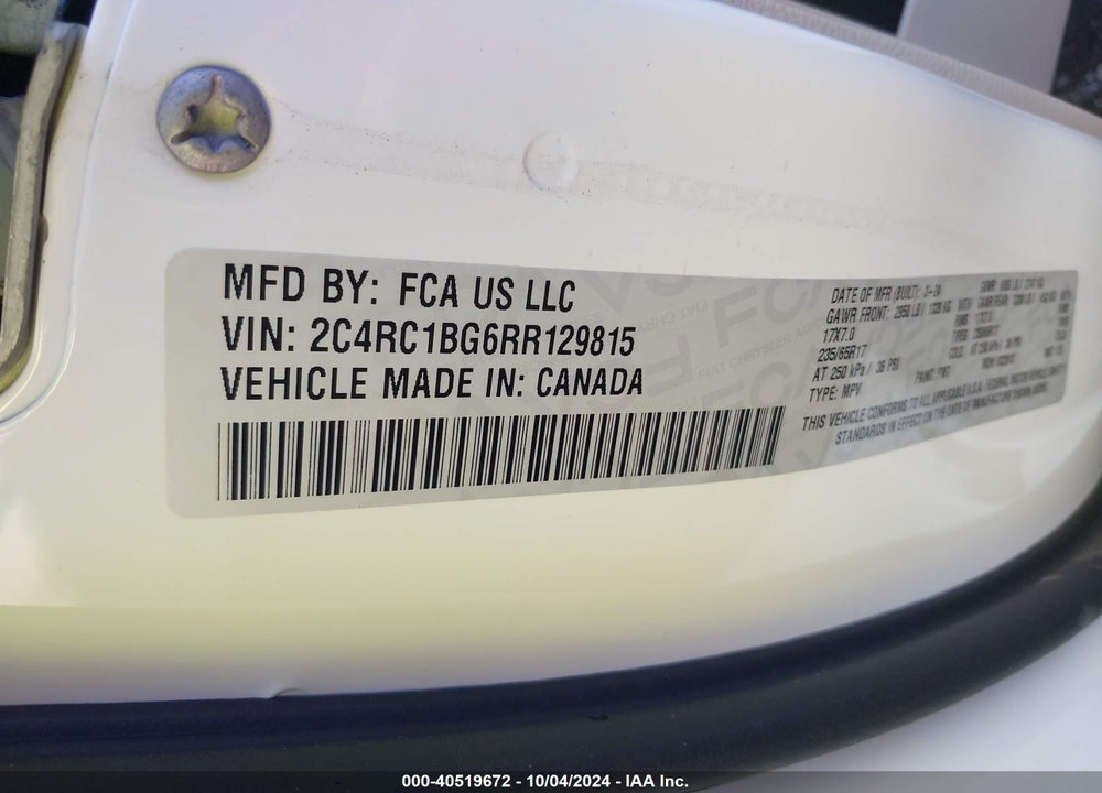2024 CHRYSLER PACIFICA TOURING L VIN: 2C4RC1BG6RR129815