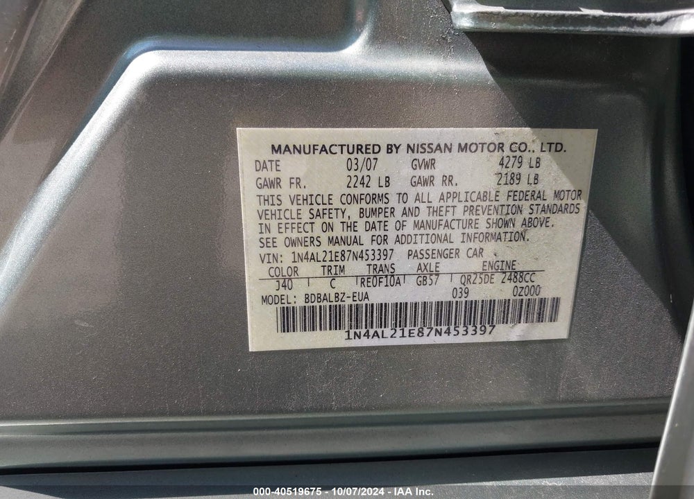 2007 NISSAN ALTIMA 2.5 S VIN: 1N4AL21E87N453397