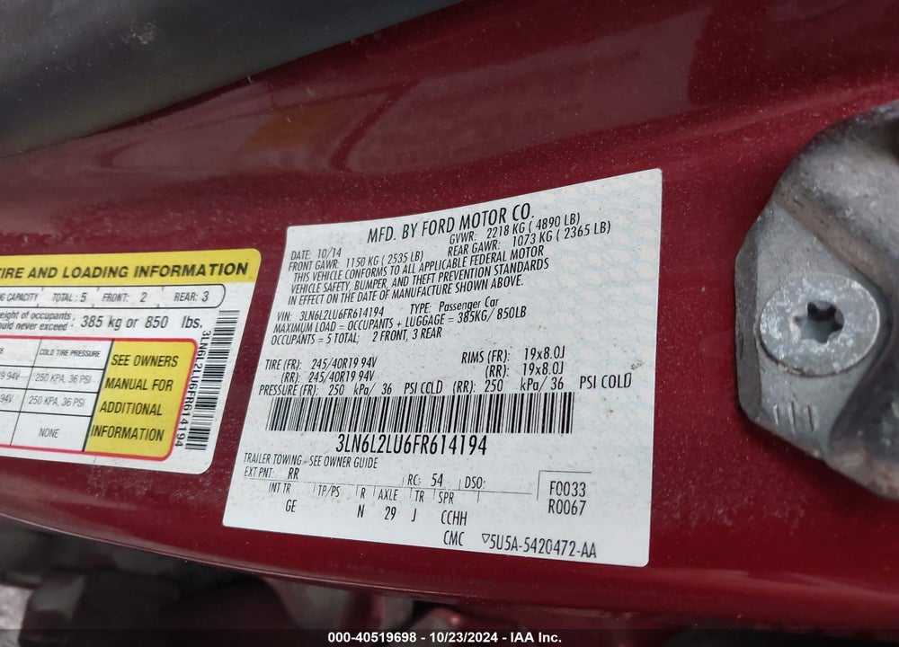 2015 LINCOLN MKZ HYBRID VIN: 3LN6L2LU6FR614194