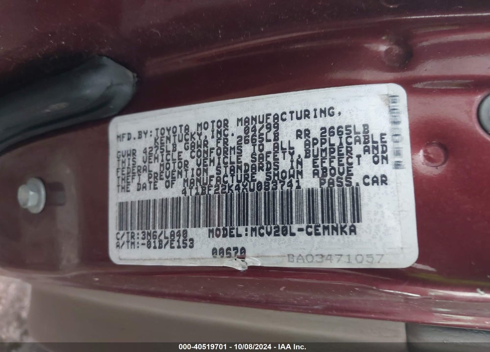 1999 TOYOTA CAMRY LE V6 VIN: 4T1BF22K4XU083741