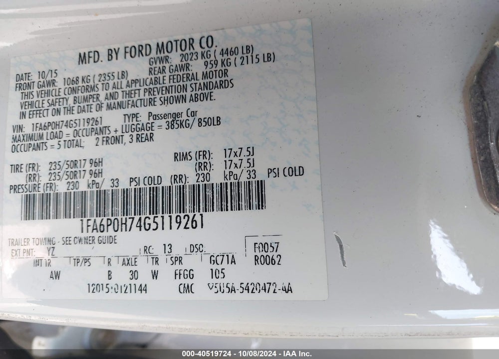2016 FORD FUSION SE VIN: 1FA6P0H74G5119261