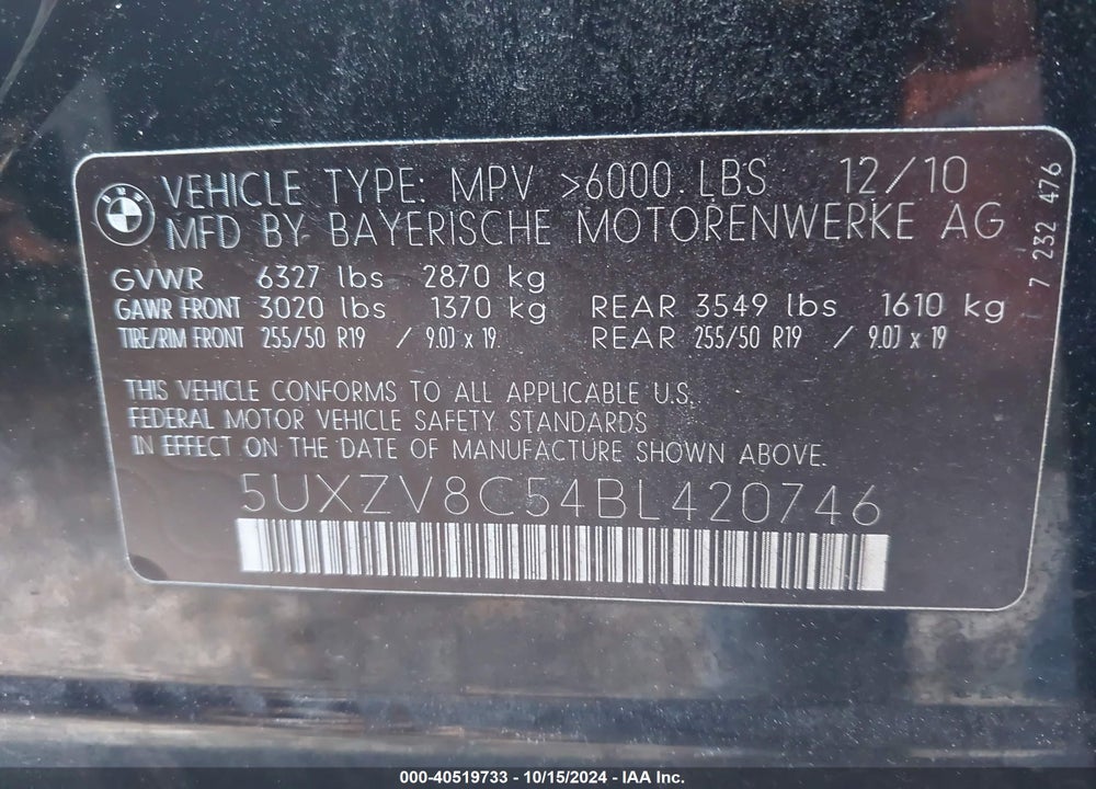 2011 BMW X5 XDRIVE50I VIN: 5UXZV8C54BL420746