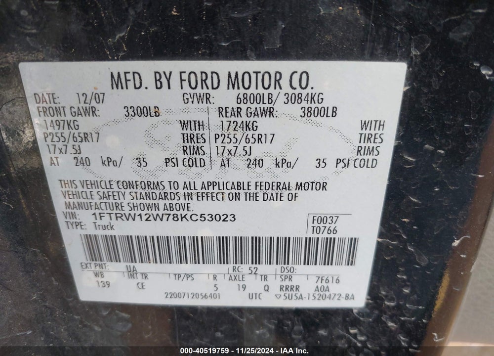2008 FORD F-150 60TH ANNIVERSARY/FX2/XL/XLT VIN: 1FTRW12W78KC53023