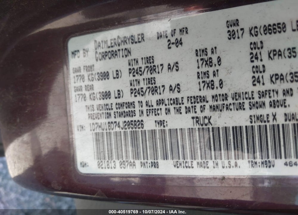 2004 DODGE RAM 1500 SLT/LARAMIE VIN: 1D7HU18D74J205826