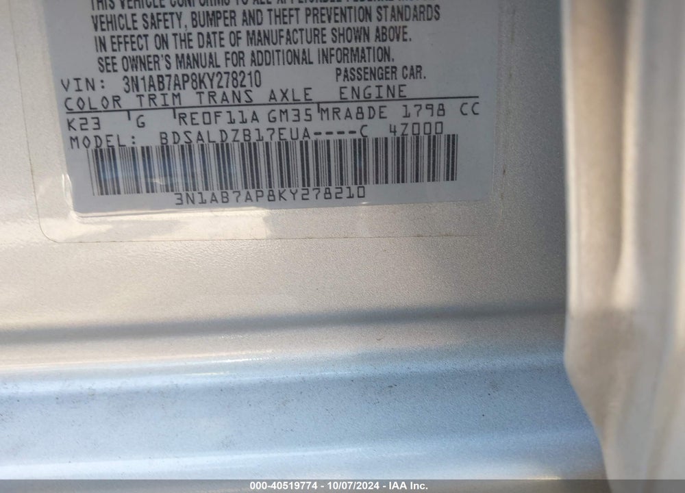 2019 NISSAN SENTRA SV VIN: 3N1AB7AP8KY278210