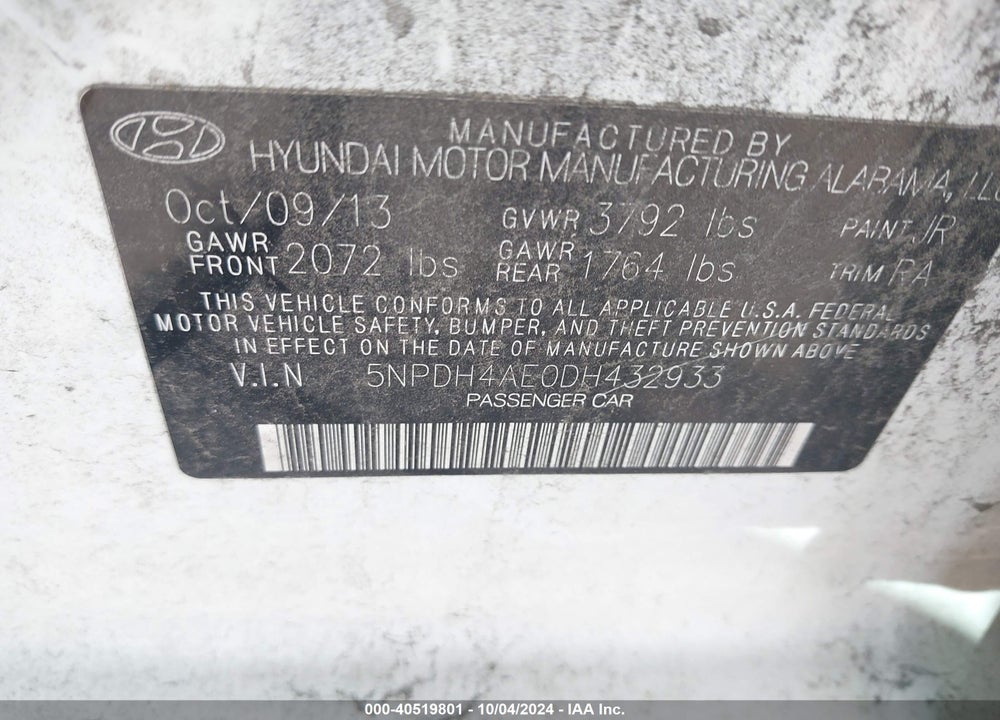 2013 HYUNDAI ELANTRA GLS VIN: 5NPDH4AE0DH432933