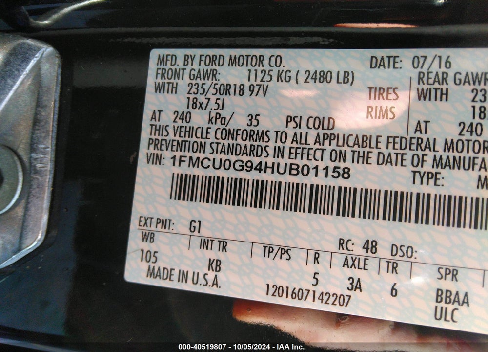2017 FORD ESCAPE SE VIN: 1FMCU0G94HUB01158