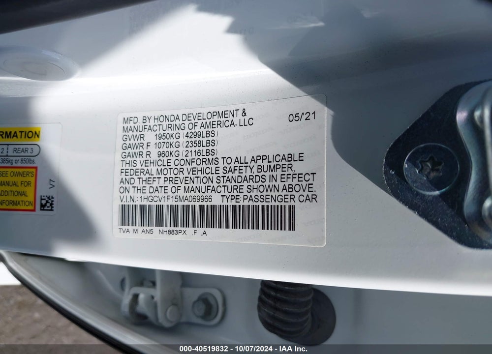 2021 HONDA ACCORD LX VIN: 1HGCV1F15MA069966