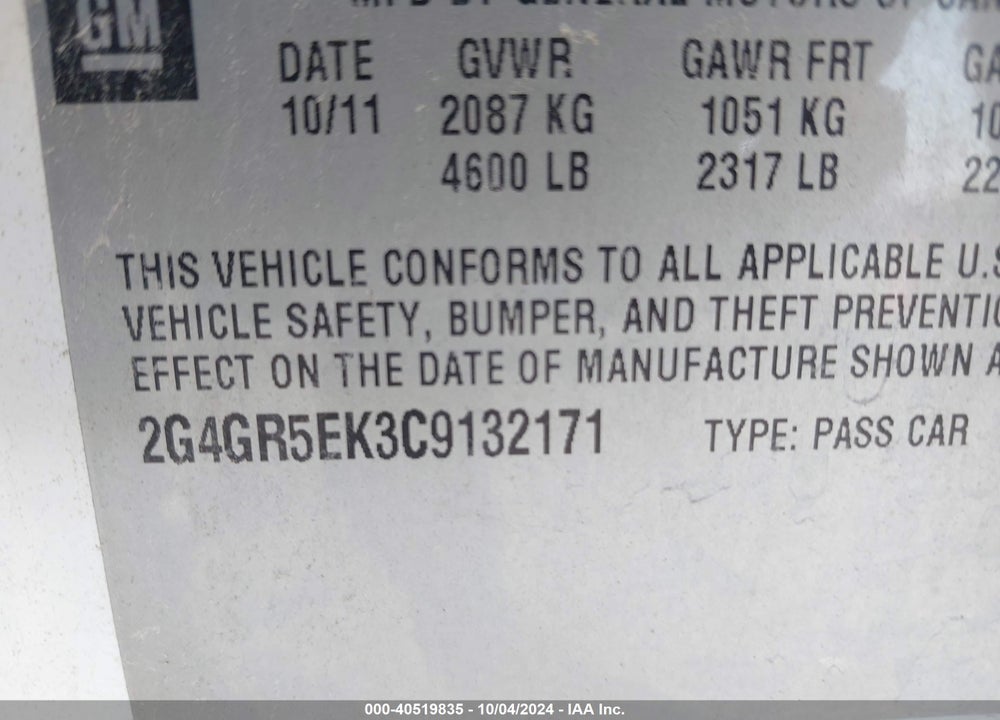 2012 BUICK REGAL VIN: 2G4GR5EK3C9132171