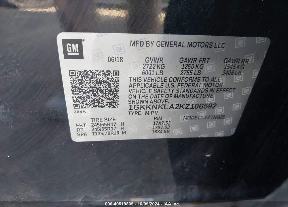 2019 GMC ACADIA SLE-1 VIN: 1GKKNKLA2KZ106592