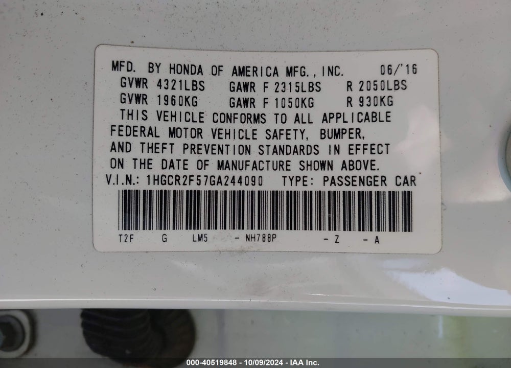 2016 HONDA ACCORD SPORT VIN: 1HGCR2F57GA244090