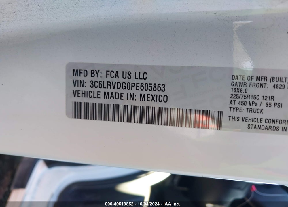 2023 RAM PROMASTER 2500 HIGH ROOF 159 WB VIN: 3C6LRVDG0PE605863