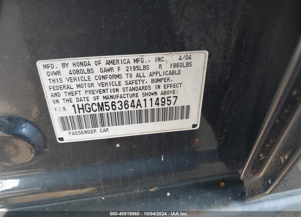 2004 HONDA ACCORD 2.4 LX VIN: 1HGCM56364A114957