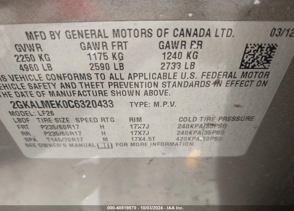 2012 GMC TERRAIN SLE-1 VIN: 2GKALMEK0C6320433
