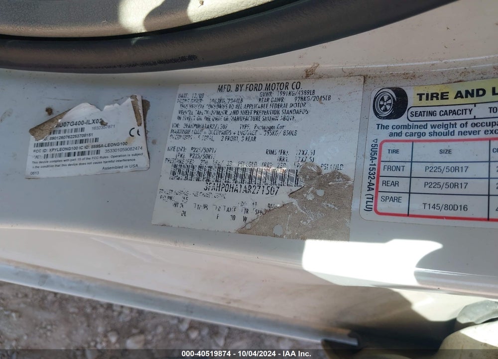 2010 FORD FUSION SE VIN: 3FAHP0HA1AR271507