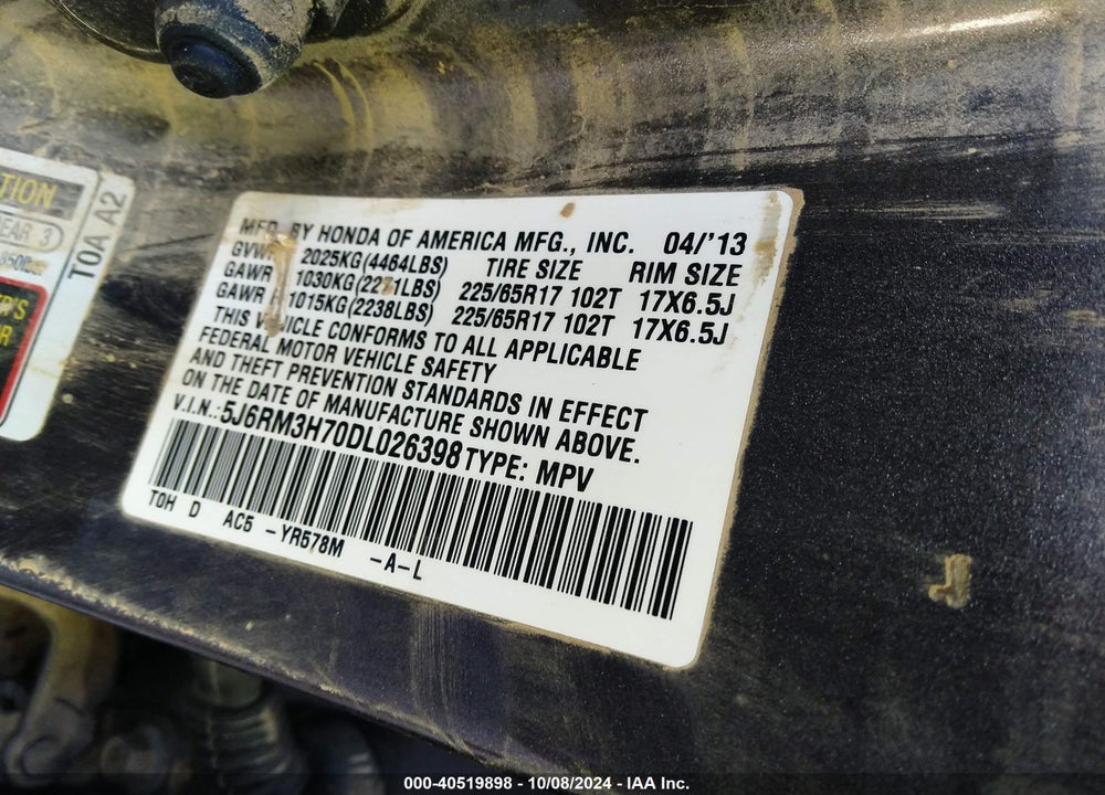 2013 HONDA CR-V EX-L VIN: 5J6RM3H70DL026398