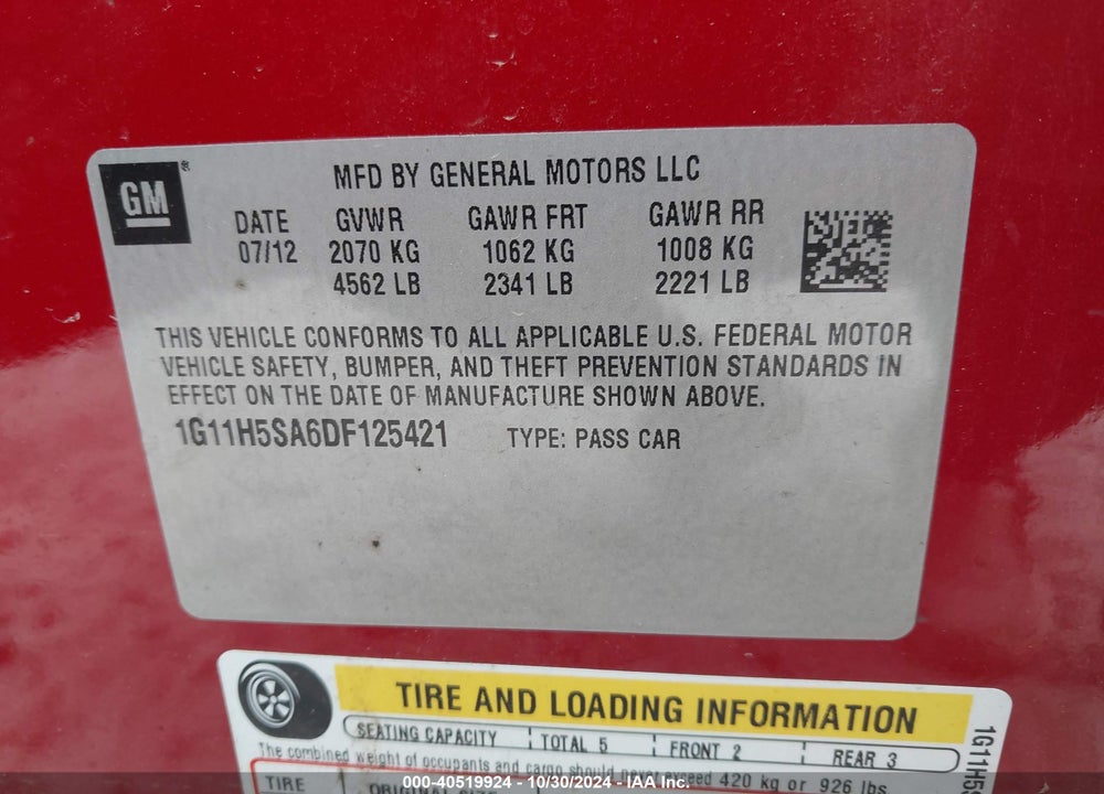 2013 CHEVROLET MALIBU 1LZ VIN: 1G11H5SA6DF125421