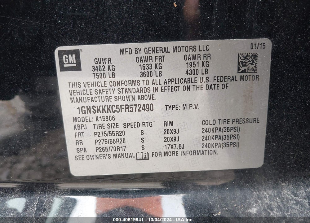 2015 CHEVROLET SUBURBAN 1500 LTZ VIN: 1GNSKKKC5FR572490