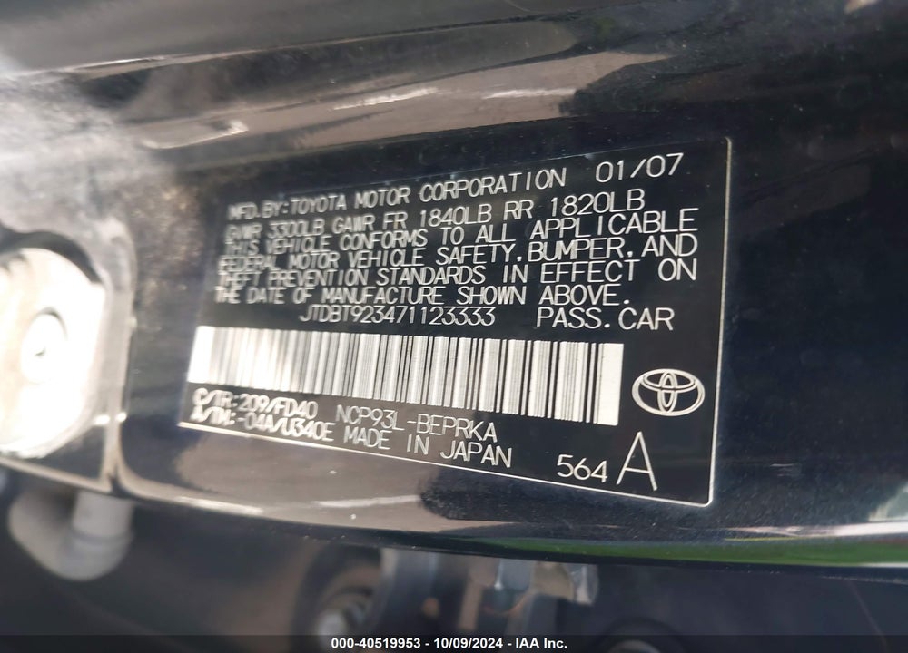 2007 TOYOTA YARIS VIN: JTDBT923471123333