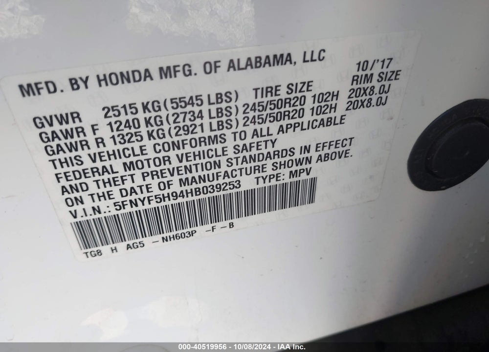 2017 HONDA PILOT TOURING VIN: 5FNYF5H94HB039253