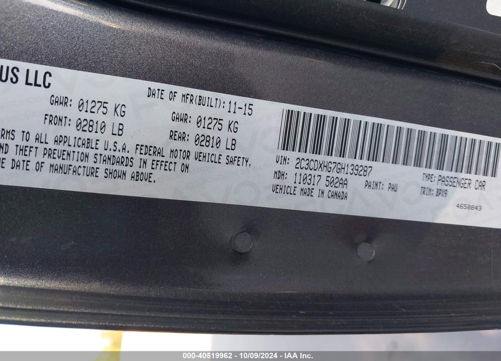 2016 DODGE CHARGER SXT VIN: 2C3CDXHG7GH139287