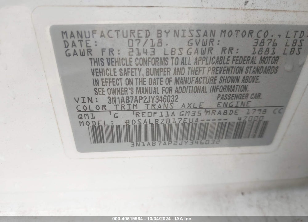 2018 NISSAN SENTRA S VIN: 3N1AB7AP2JY346032