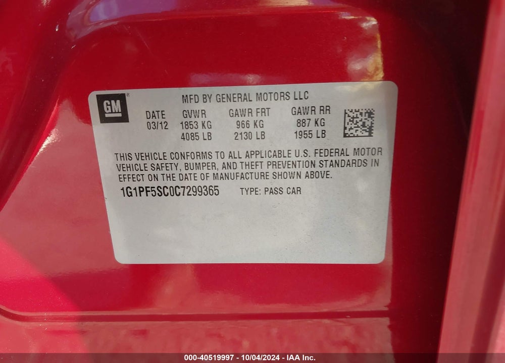 2012 CHEVROLET CRUZE 1LT VIN: 1G1PF5SC0C7299365