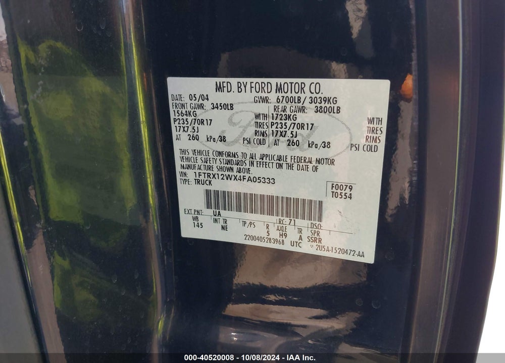 2004 FORD F-150 STX/XL/XLT VIN: 1FTRX12WX4FA05333