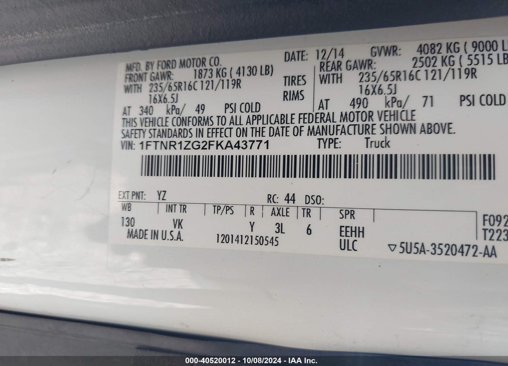 2015 FORD TRANSIT-250 VIN: 1FTNR1ZG2FKA43771