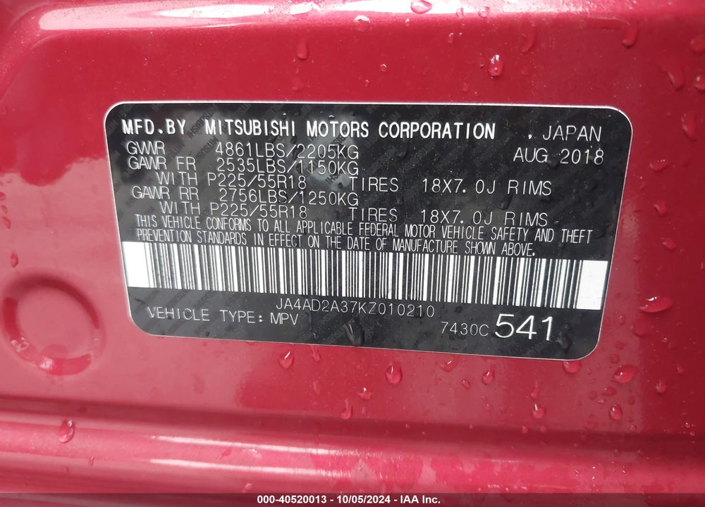 2019 MITSUBISHI OUTLANDER ES VIN: JA4AD2A37KZ010210