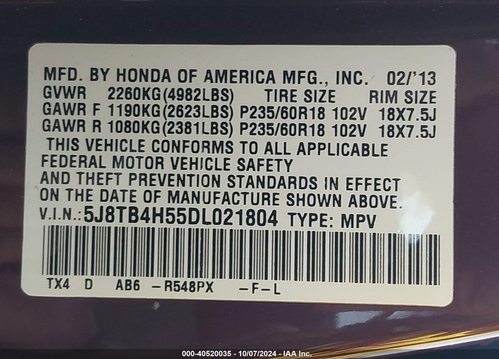 2013 ACURA RDX VIN: 5J8TB4H55DL021804