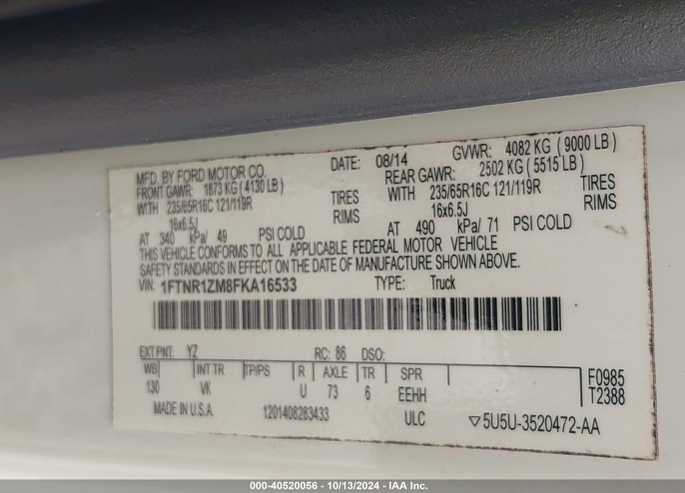 2015 FORD TRANSIT-250 VIN: 1FTNR1ZM8FKA16533