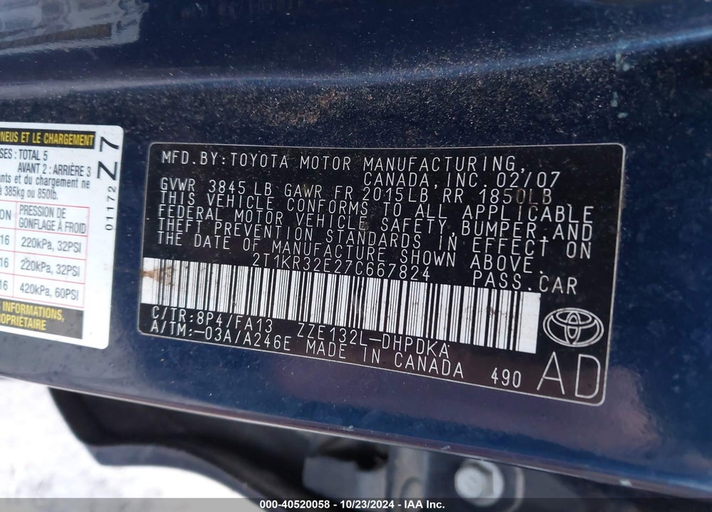2007 TOYOTA MATRIX VIN: 2T1KR32E27C667824