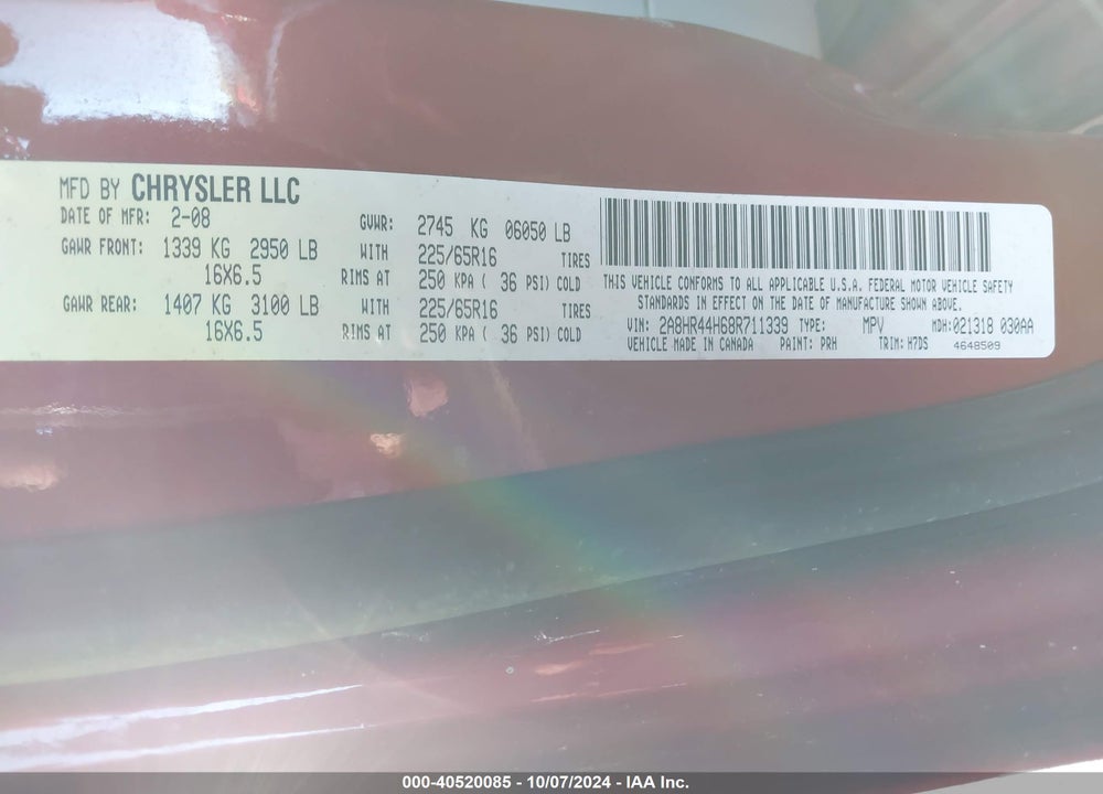 2008 CHRYSLER TOWN & COUNTRY LX VIN: 2A8HR44H68R711339