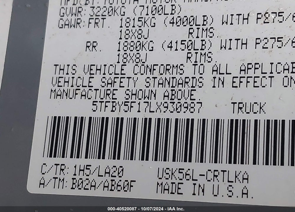 2020 TOYOTA TUNDRA LIMITED VIN: 5TFBY5F17LX930987