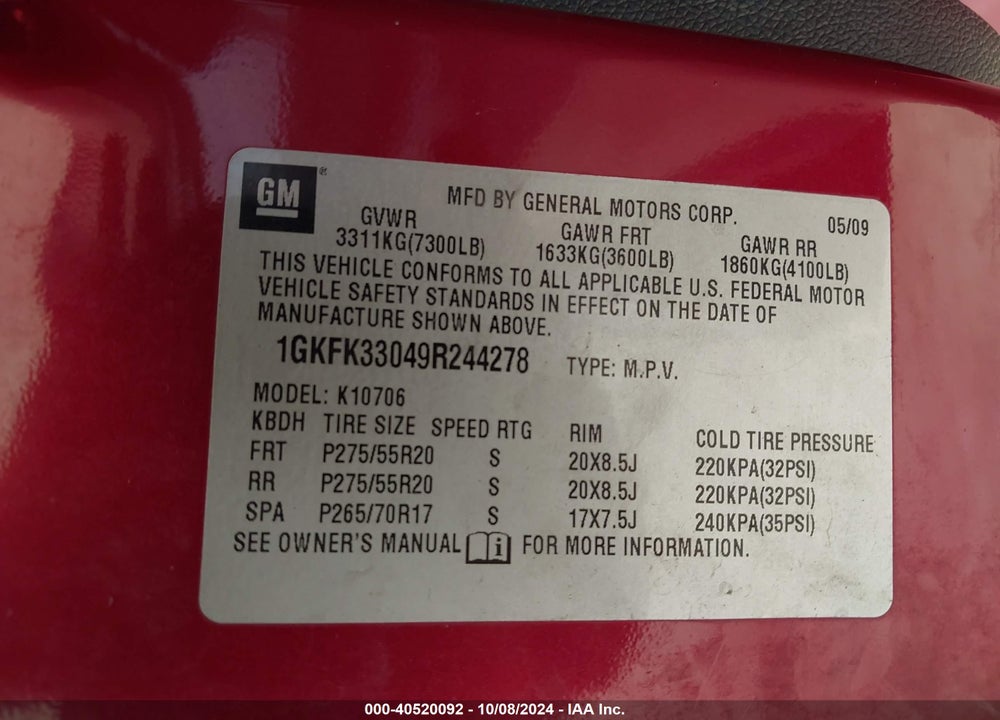2009 GMC YUKON SLT2 VIN: 1GKFK33049R244278