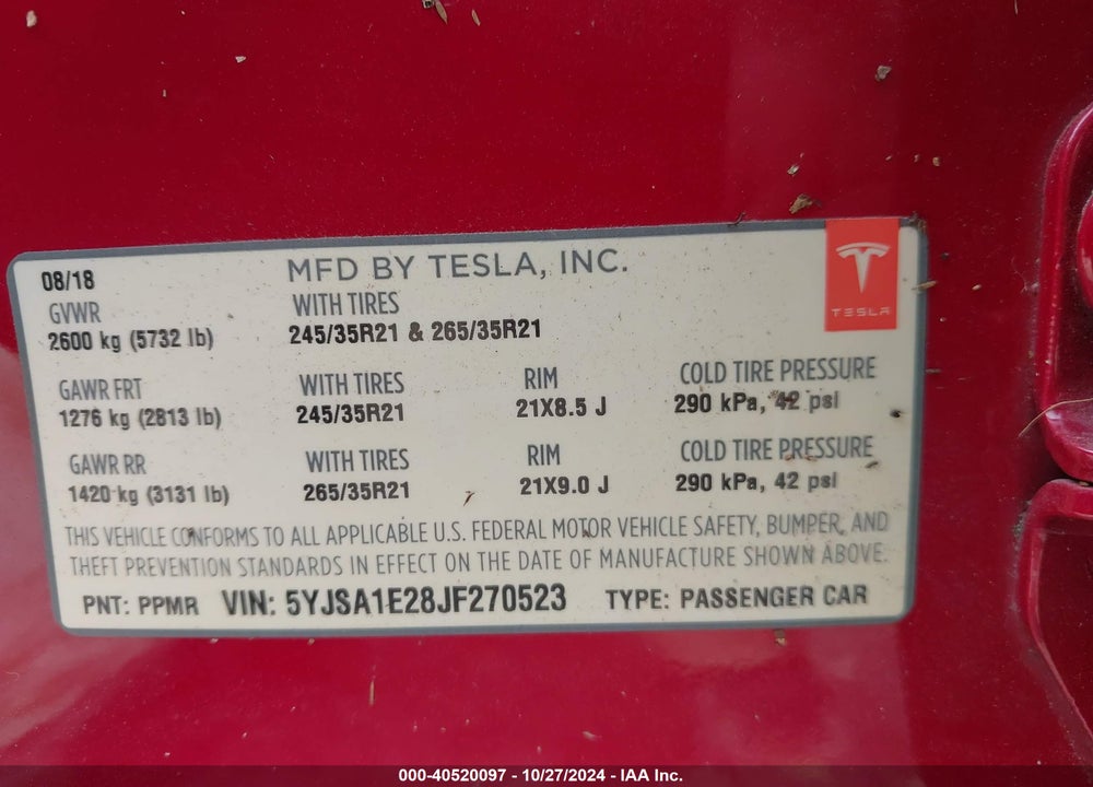 2018 TESLA MODEL S 100D/75D/P100D VIN: 5YJSA1E28JF270523